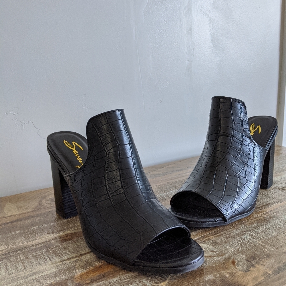 Seven7 Black Croc-Embossed Open-Toe Mule Heels
